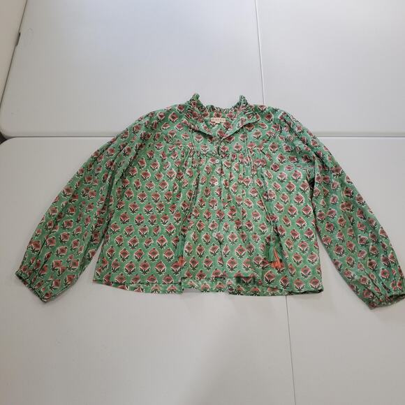 Marea Shirt Womens Small Green Floral Boho Peasant Ruffle Tassel Tie Long Sleeve - Picture 1 of 9